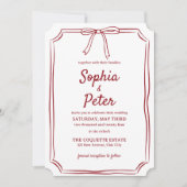 手描エレガントき弓シック深紅レッド結婚ズ 招待状 (正面)