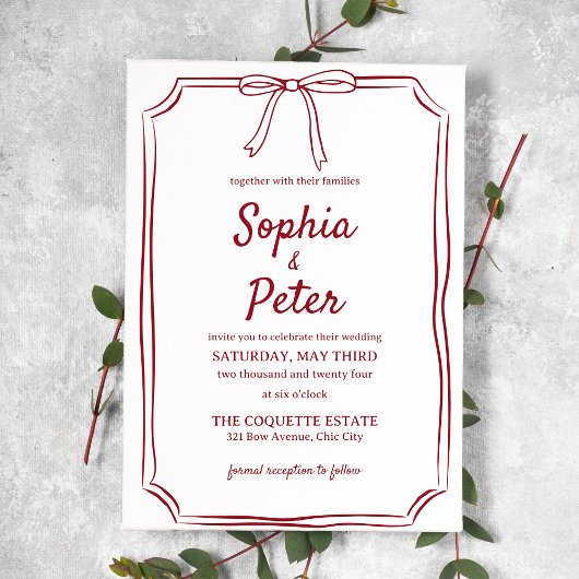 手描エレガントき弓シック深紅レッド結婚ズ 招待状