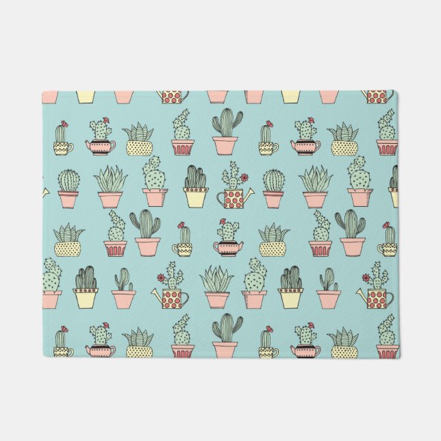 手描カラフルきの可愛いサボテンスタイル ドアマット (正面)