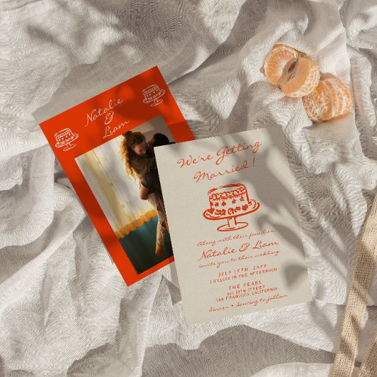 手描カラフルきケーキレトロ写真おもしろい結婚 招待状