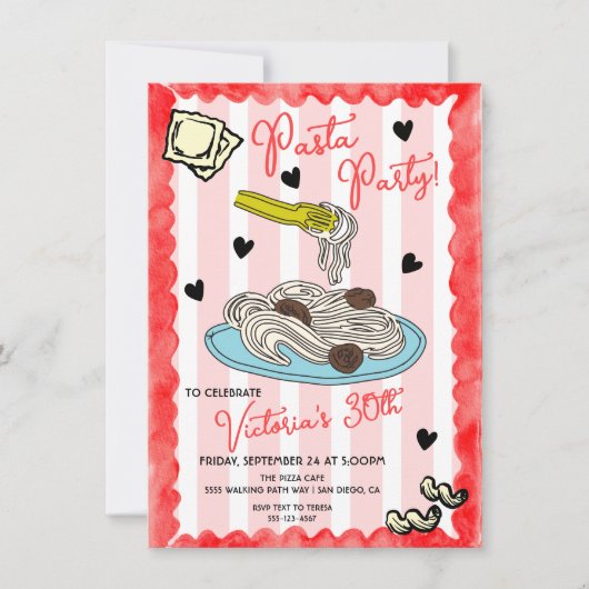 手描ファンキーきパスタパーティー誕生日 招待状 (正面)