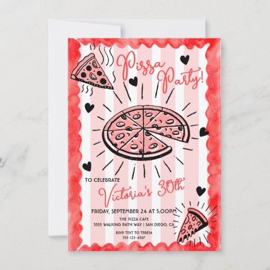 手描ファンキーきピザパーティー誕生日 招待状 (正面)