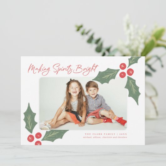 手描モダンきのヒイラギの実の写真立て シーズンカード (スタンド正面)