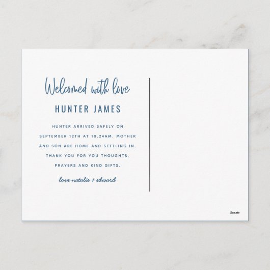 手描モダンき男の赤ちゃん出産の告知 シーズンポストカード (裏面)