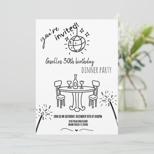 手描モダンき誕生日ディナーパーティの招待状 招待状 (スタンド正面)