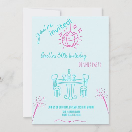 手描モダンき誕生日ディナーパーティの招待状 招待状 (正面)