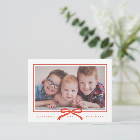 手描モダンき赤い弓1枚の写真 シーズンポストカード (スタンド正面)