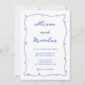 手描モダンき青い筆記式モノグラム結婚ズ 招待状 (正面)