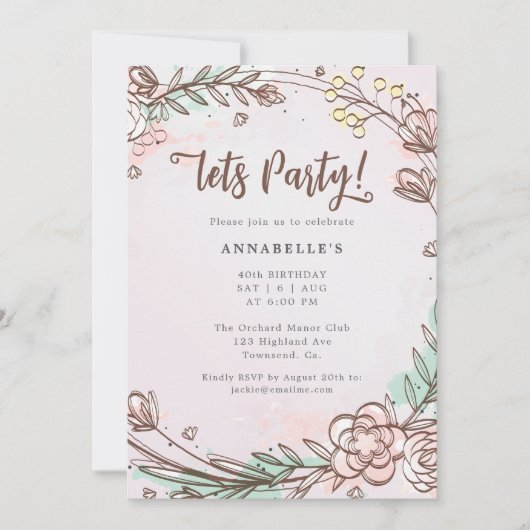 手描モダンき、パテルピンクフラワー招待状 (正面)