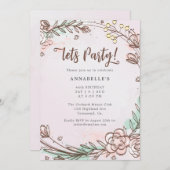 手描モダンき、パテルピンクフラワー招待状 (正面/裏面)