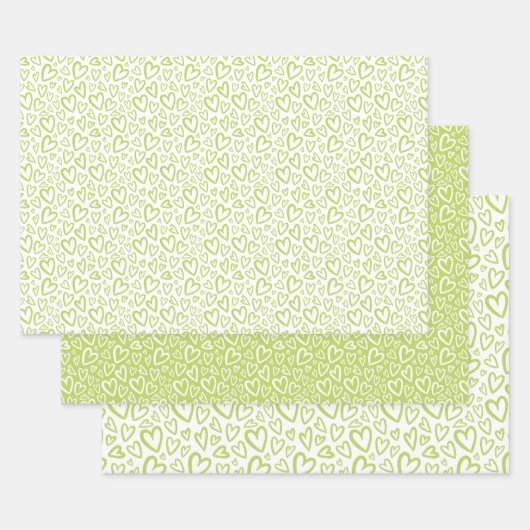 手描ユニークきハートパターン新緑 ラッピングペーパーシート (セット)