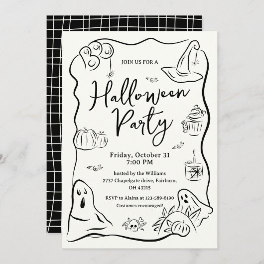 手描予測できなきドードルハローウィンパーティ 招待状 (正面/裏面)