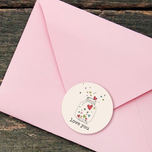 手描素朴きハートを瓶の愛に ラウンドシール