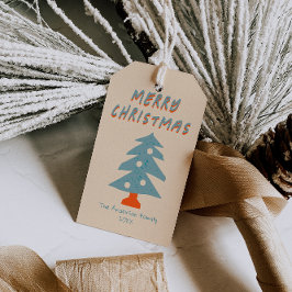 手描素朴き青いクリスマスツリーファンキー ギフトタグ