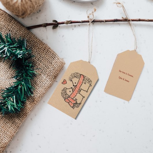 手描素朴き2つのハリネズミのラブギフトラベル ギフトタグ