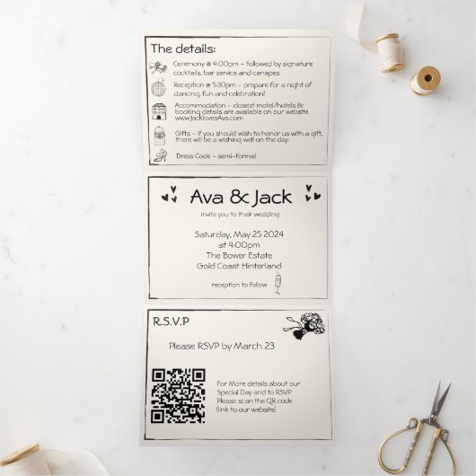 手描素朴き3折結婚式招待状 三つ折り招待状 (内部)