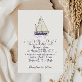 手書お洒落きのネイビー結婚ブルセーリングボート 招待状