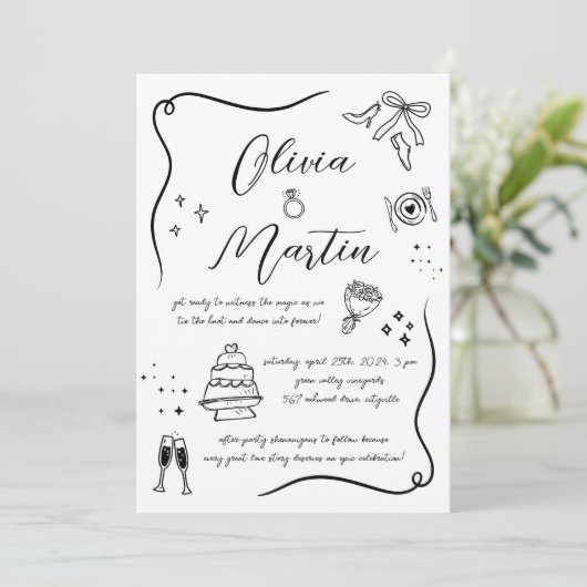 手書きおもしろいドードルブラック&ホワイト結婚ズ 招待状 (スタンド正面)