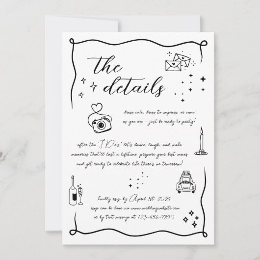 手書きおもしろいドードレ結婚の詳細カード 招待状 (正面)