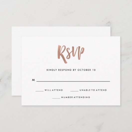 手書きおよびモダン|ののどのばら色の金ゴールドの結婚 出欠カード (正面/裏面)