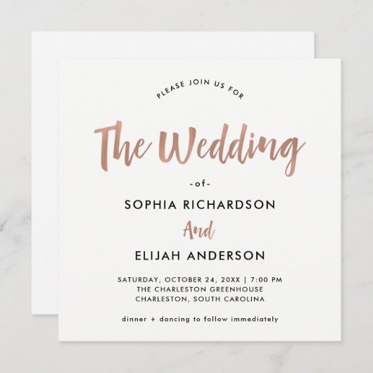 手書きおよびモダン|ののどのばら色の金ゴールドの結婚 招待状 (正面/裏面)