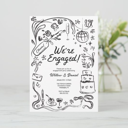 手書きお洒落の結婚婚約パーティ 招待状 (スタンド正面)