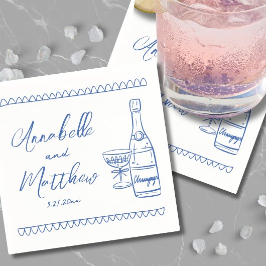 手書きお洒落ブルー結婚ズ スタンダードカクテルナプキン