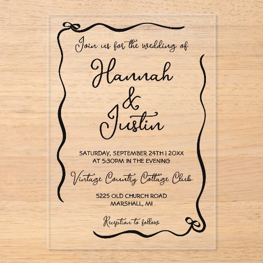 手書きお洒落モダントレンディー結婚の アクリル招待状 (正面)