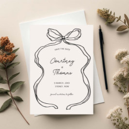 手書きお洒落リボン縁ど日付を保存 招待状