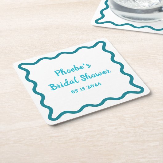手書きお洒落波状縁どブライダルシャワー スクエアペーパーコースター (アングル)