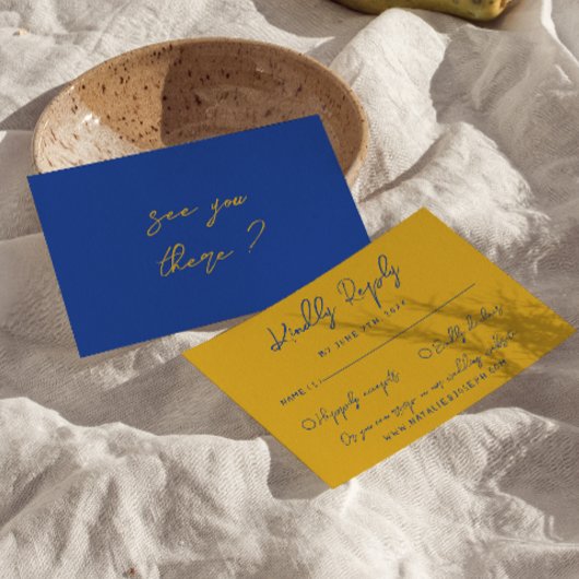 手書きのイタリアンスタイルのレトロな黄色と青の結婚式 出欠カード