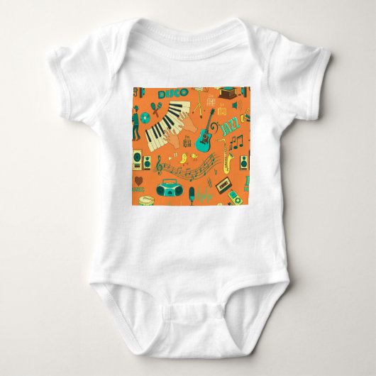 手書きのカラフル音楽パターン ベビーボディスーツ (正面)