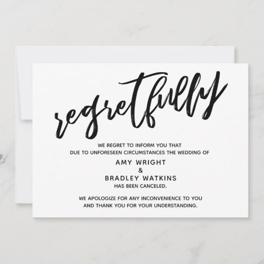 手書きのキャンセルされた結婚発表 後悔の意を表す 招待状 (正面)