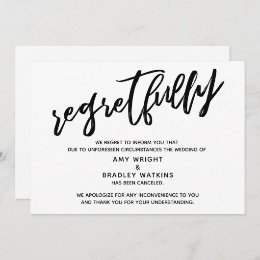 手書きのキャンセルされた結婚発表 後悔の意を表す 招待状 (正面/裏面)