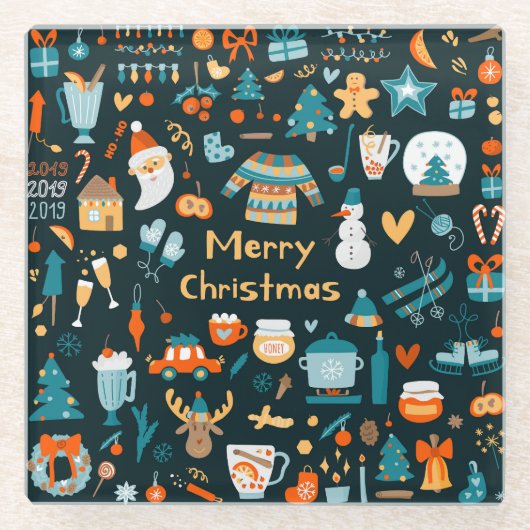 手書きのクリスマスと新年の要素。 ガラスコースター (正面)
