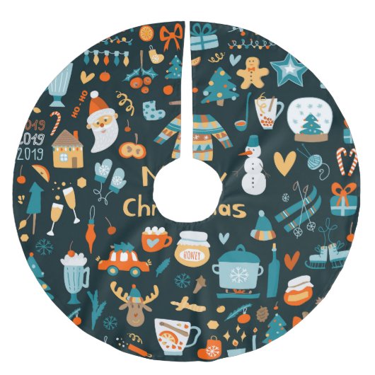 手書きのクリスマスと新年の要素。 ブラッシュドポリエステルツリースカート (正面)