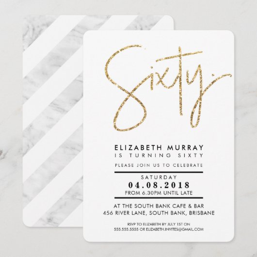 手書きのシンプルなゴールドグリッター 60歳の誕生日 招待状 (正面/裏面)