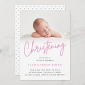 手書きのスクリプトピンク《キリスト教》洗礼式や命名式洗礼写真 招待状 (正面/裏面)