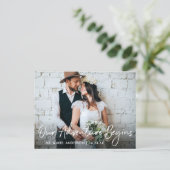 手書きのスクリプト 結婚式 私たちの冒険に感謝 ポストカード (スタンド正面)