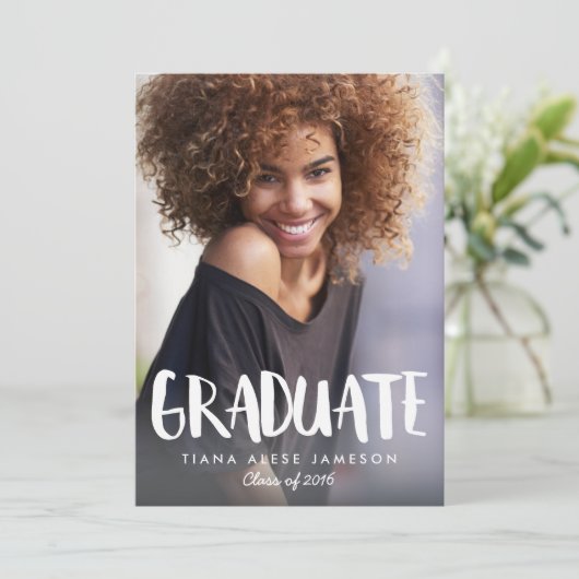 手書きのスタイリッシュな写真の卒業の発表 案内状 (スタンド正面)