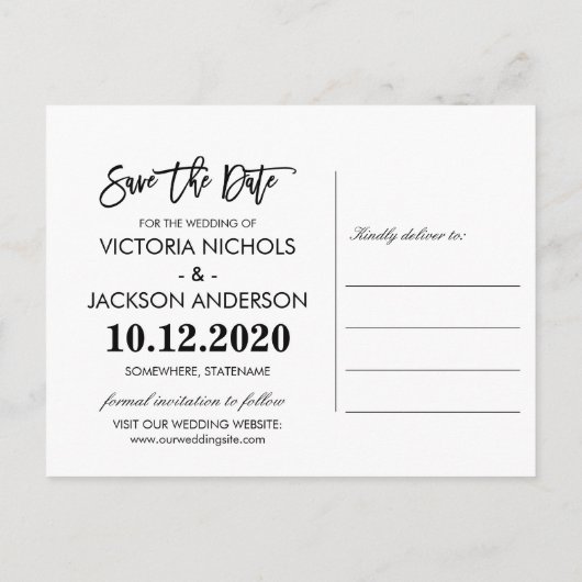 手書きのタイポグラフィウェディング日付を保存する写真 案内ポストカード (裏面)