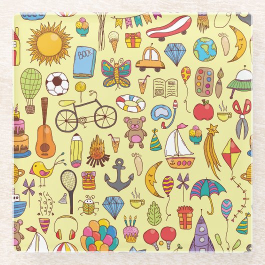 手書きのドードルの子供：ヴィンテージパターン。 ガラスコースター (正面)