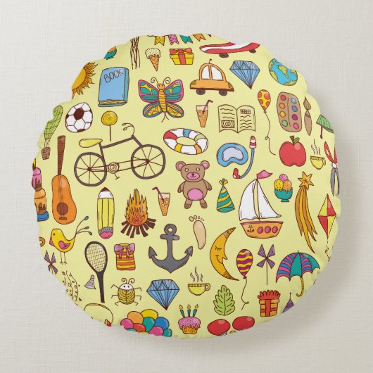 手書きのドードルの子供：ヴィンテージパターン。 ラウンドクッション (正面)