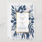 手書きのネイビーブルーピンクの夏のフローラ結婚ズ 招待状 (正面)