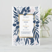 手書きのネイビーブルーピンクの夏のフローラ結婚ズ 招待状 (スタンド正面)