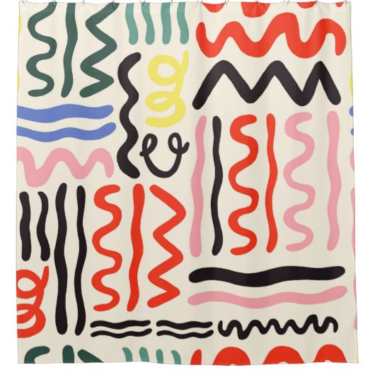 手書きのブラシパターン、ジグザグ、線、曲線 シャワーカーテン (正面)