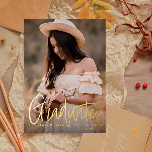 手書きのヘッドラインの卒業招待状 箔招待状