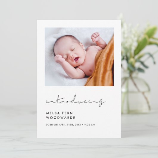 手書きのミニマリスト紹介新生児写真 案内状 (スタンド正面)