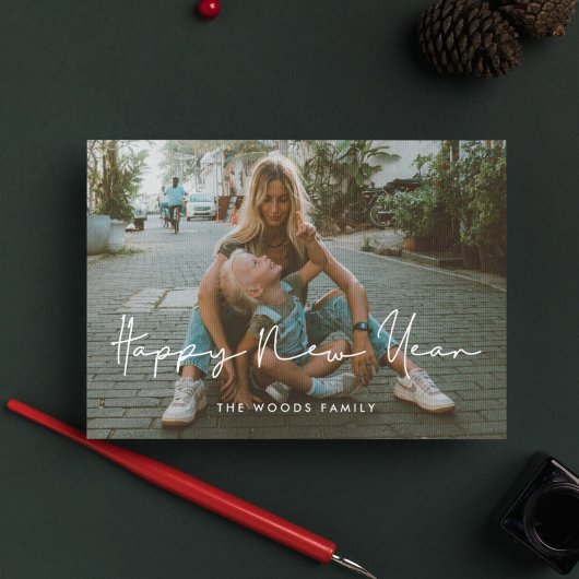 手書きのミニマリストHappy New Year写真 シーズンポストカード