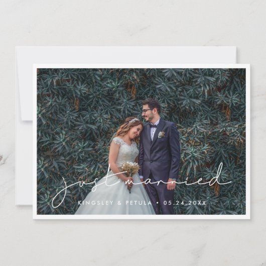手書きのミニマルたった今結婚しました写真 案内状 (正面)